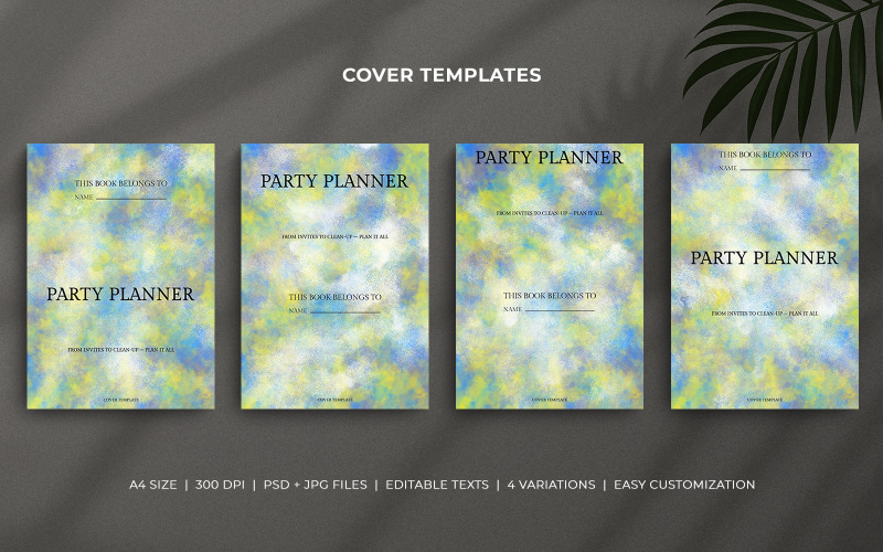 Party Planner Cover Set – Yellow & Blue Watercolor Brush Strokes Editable Templates Corporate Identity