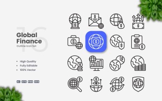 16 Global Finance Outline Icons Set