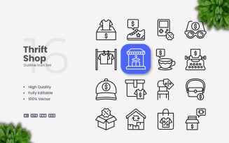 16 Thrift Shop Outline Icons Set