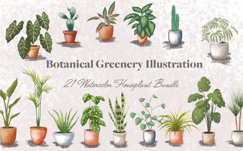 Potted Plant Watercolor Clipart Bundle Icon Set