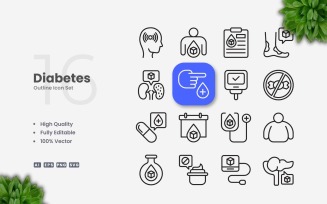 16 Diabetes Outline Icons Set