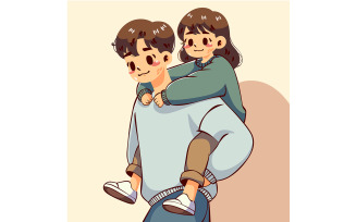 Cartoon Father Carrying His Daughter