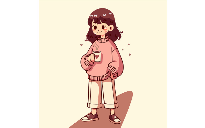 Cartoon Girl Cheerfully Holding a Cup Chocolate Illustration