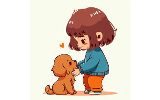 Cartoon Girl Gently Petting a Dog