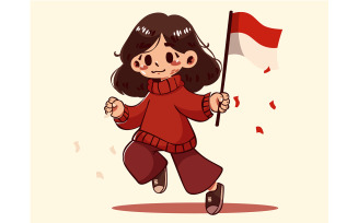 Cartoon Girl Holding a Indonesia Flag