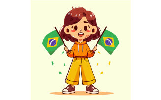 Cartoon Girl Holding Brazilian Flags