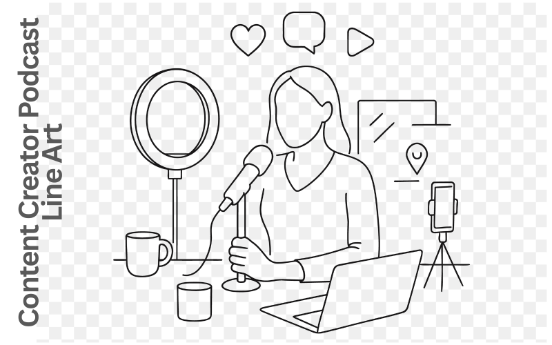 Content Creator Podcast Line Art – Woman Streaming with Microphone, Ring Light & Laptop Illustration