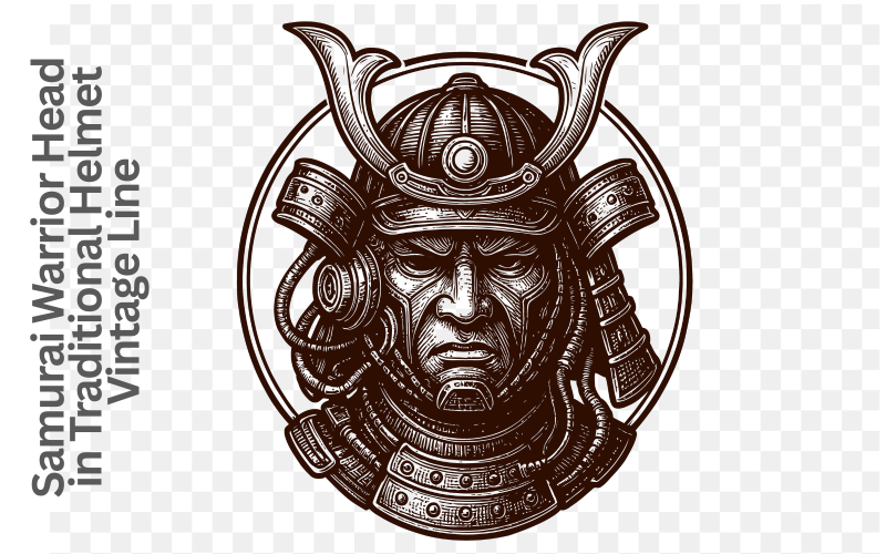 Engraved Samurai Warrior Head in Traditional Helmet Vintage Line Art Illustration
