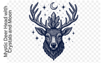 Mystic Deer Head with Crystals and Moon – Vintage Engraved Celestial Animal Art