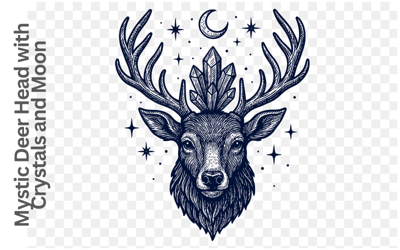 Mystic Deer Head with Crystals and Moon – Vintage Engraved Celestial Animal Art Illustration