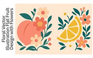 Peach and Lemon Floral Vector Illustration Flat Fruit Design with Flowers