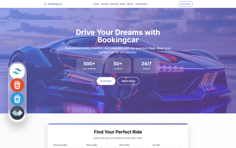 Bookingcar – Premium Car Rental & Booking Tailwind CSS and Alpine.js, Landing Template Landing Page Template