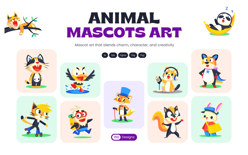 Modern Animal Mascots Art Set Icon Set