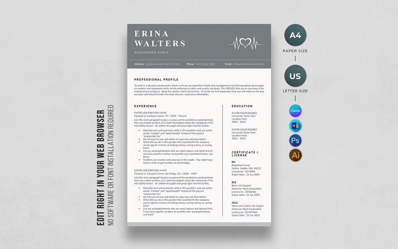 Modern Nurse Resume Template | Professional Registered Nurse CV
