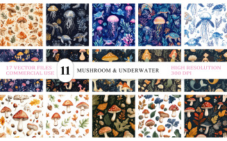 Mushrooms, Mermaids & Sea Life Seamless Vector | Fantasy Mushroom & Ocean Jellyfish