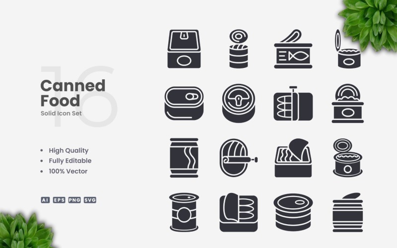 16 Canned Food Solid Icons Set Icon Set