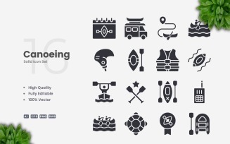 16 Canoeing Solid Icons Set