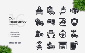 16 Car Insurance Solid Icons Set