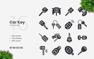 16 Car Key Solid Icons Set