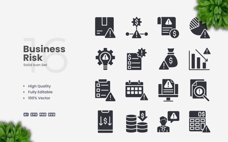 16 Business Risk Solid Icons Set Icon Set