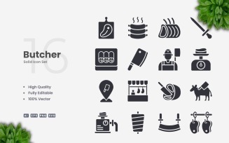 16 Butcher Solid Icons Set