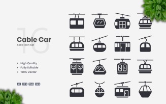 16 Cable Car Solid Icons Set