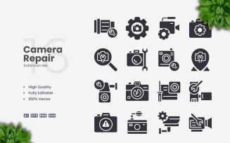 16 Camera Repair Solid Icons Set