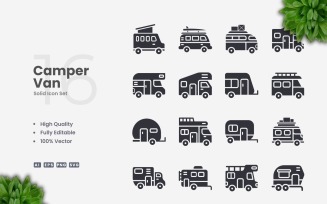 16 Camper Van Solid Icons Set
