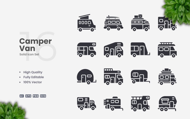 16 Camper Van Solid Icons Set Icon Set
