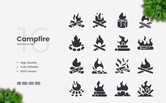 16 Campfire Solid Icons Set