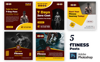 5 Editable Fitness and Yoga Social Media Posts | PSD Template Bundle for Trainers and Studios