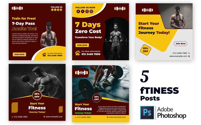 5 Editable Fitness and Yoga Social Media Posts | PSD Template Bundle for Trainers and Studios