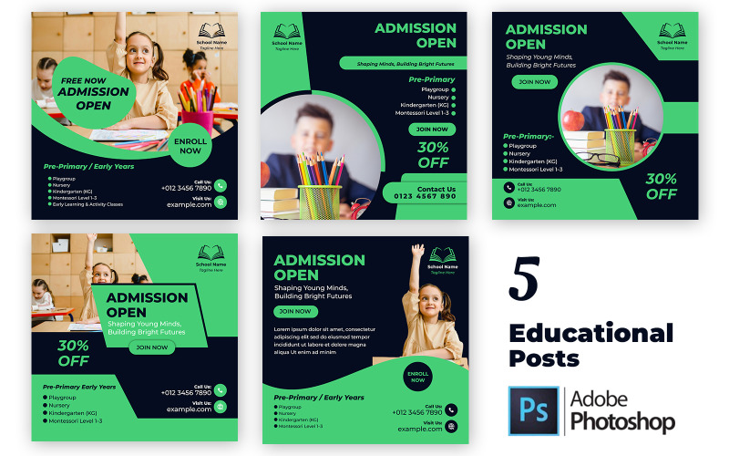5 Educational Social Media Templates | Editable PSD Posts for Online Courses & School Promotions