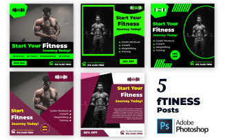 5 Gym Workout and Yoga Post Templates | Editable PSD Social Media Bundle for Fitness Promotion