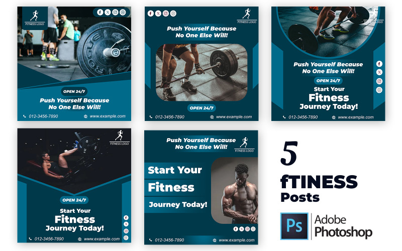 5 Gym Workout and Yoga Social Media Templates | Editable PSD Posts for Fitness Branding