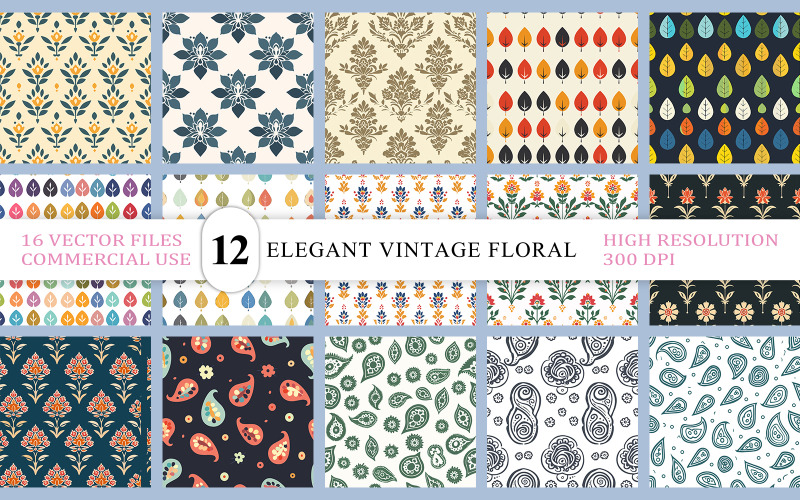 Elegant Vintage Floral Seamless Backgrounds | Paisley & Vintage Floral Seamless Pattern Bundle Illustration