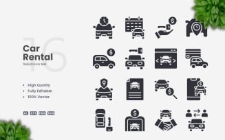16 Car Rental Solid Icons Set