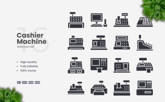 16 Cashier Machine Solid Icons Set