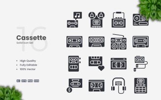16 Cassette Solid Icons Set