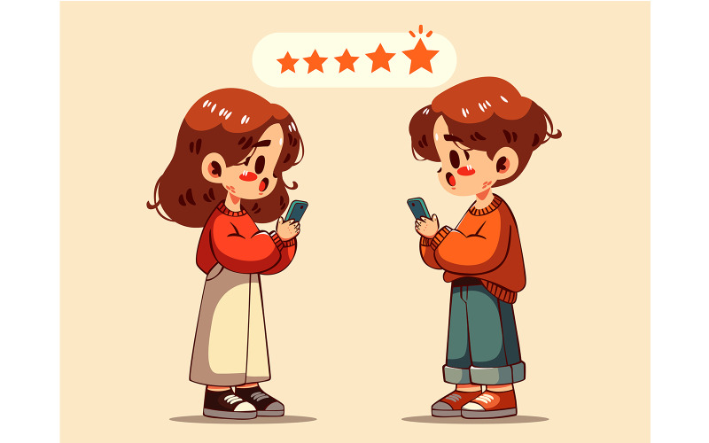 Cartoon Boy and Girl Holding Their Phones Illustration