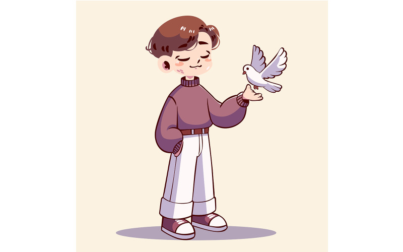 Cartoon Boy Gently Holding a Dove Illustration