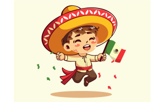 Cartoon Boy Wearing Sombrero Holding a Mexican Flag