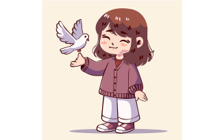 Cartoon Girl Holding a Dove
