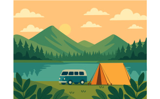 Serene Lake with Van and Tent