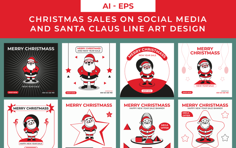 Christmas sales on social media and Santa Claus Line Art Design Social Media