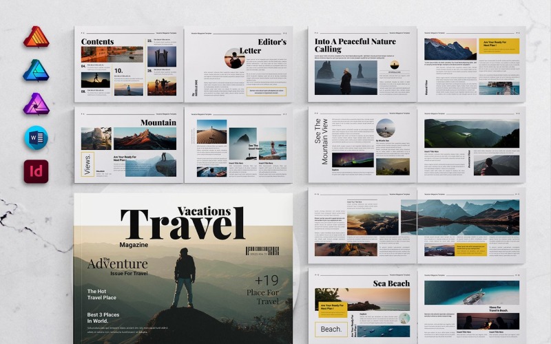 Travel and Vacation Magazine Landscape for MS Word, InDesign, Affinity Suites Magazine Template