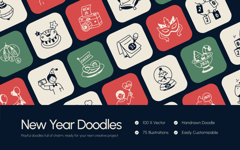 Modern New Year Doodles Art Set Icon Set