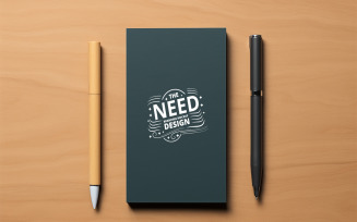 Dark Notebook Mockup with Pens on Light Wooden Background – Branding Design Template