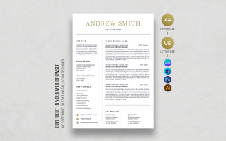Web Developer Resume Template – Printable A4 & US Letter, ATS-Friendly, Editable in Canva