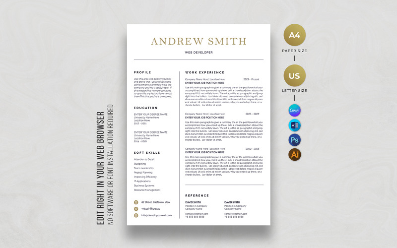Web Developer Resume Template – Printable A4 & US Letter, ATS-Friendly, Editable in Canva